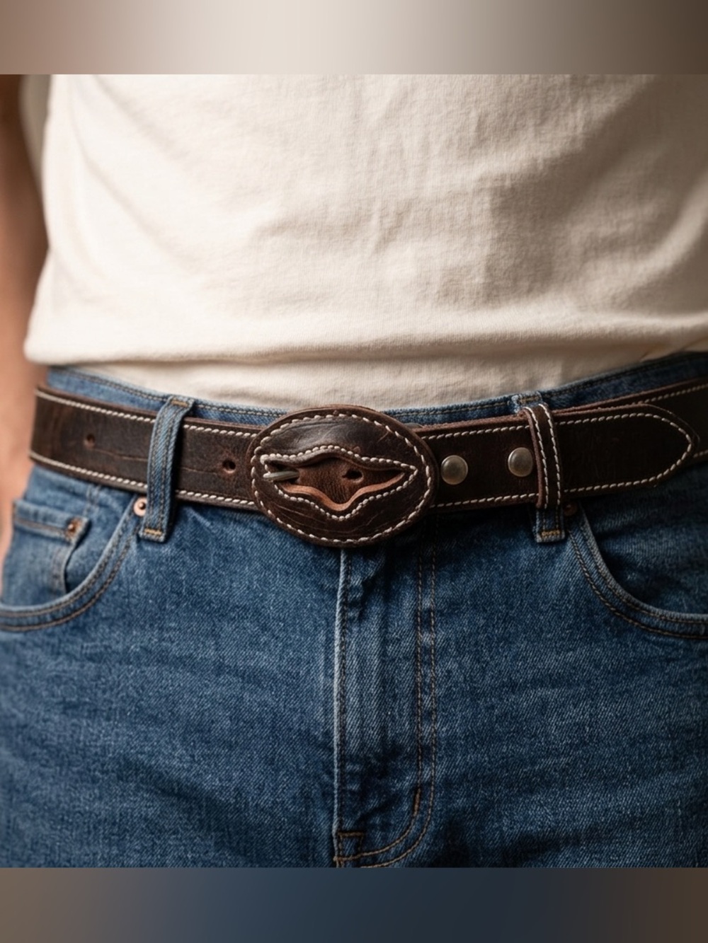 Vintage Handcrafted Western Leather Belt with Unique Cowhide Lip Buckle